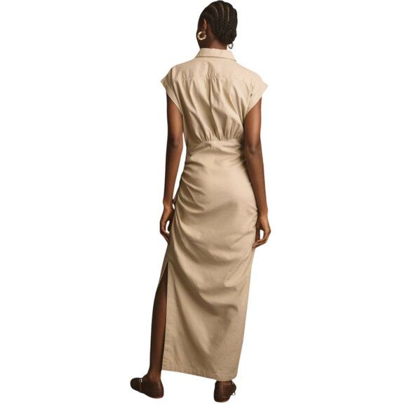 Anthropologie Cap Sleeve Ruched Shirt Dress Womens Small Khaki Tan Stretch Maxi - Picture 2 of 12